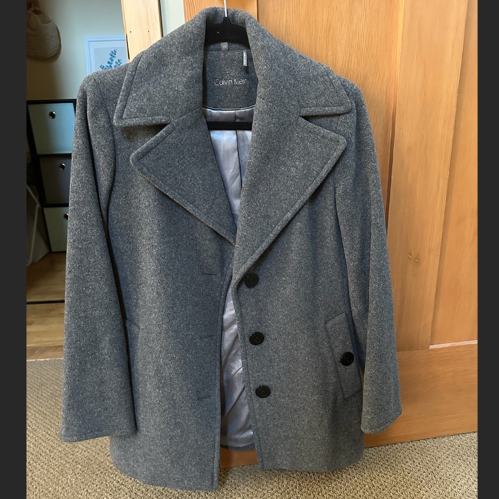 CALVIN KLEIN Grey Wool Blend Pea Jacket Coat
